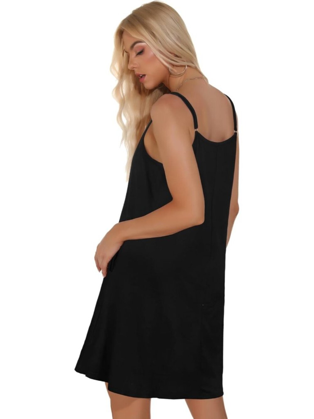 Women's Black Summer Dresses Spaghetti Strap Button Down V Neck Sundress Beach - Picture 4 of 7